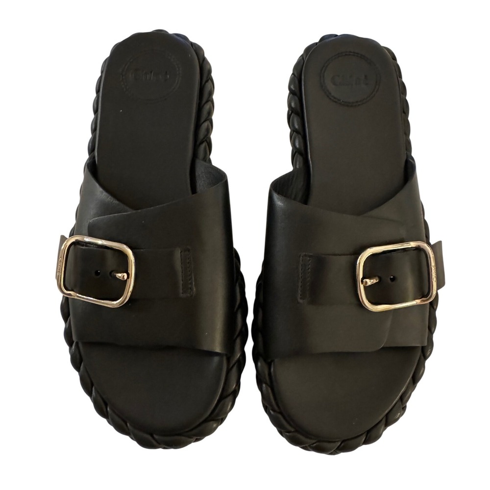Chloé Kacey Braided Leather Buckle Slide Sandals Black EU 37 US 7 Luxury